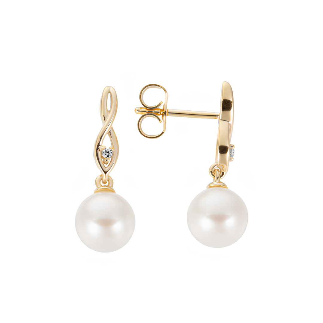 14 Karat Yellow Gold 7mm White Pearl Drop Earrings With 0.015 CTW RBC Diamonds