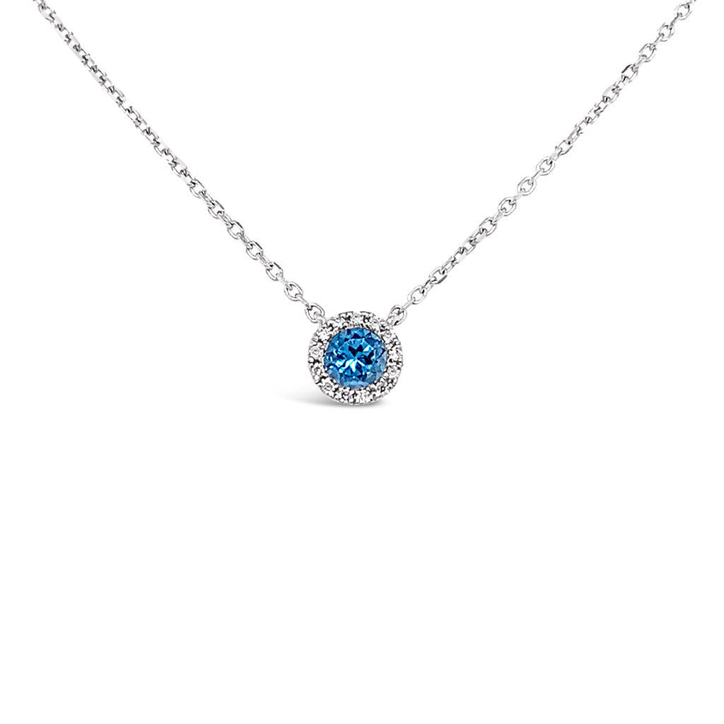 14K White Gold Natural 4.5mm Round Blue Topaz And 0.05 TDW Diamond Necklace
