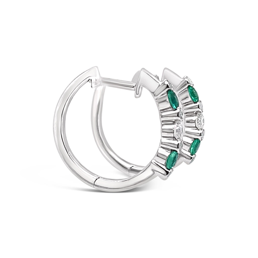 18K White Gold 0.22 CTW Round Emerald And 0.17 TDW Diamond Small Hoop Earrings