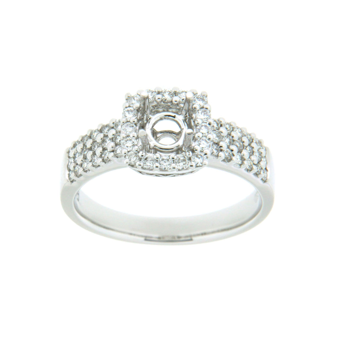 18K White Gold Multi-row 0.46 CTW Diamond Set Engagement Ring Semi-Mount With Cushion-shaped Halo