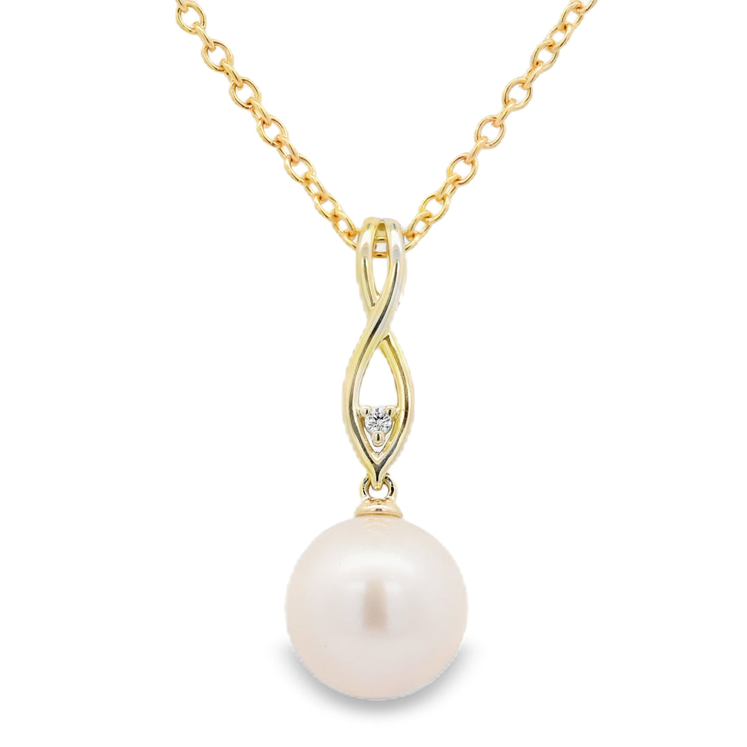 14K Yellow Gold 9mm White Pearl And 0.01 Diamond Pendant