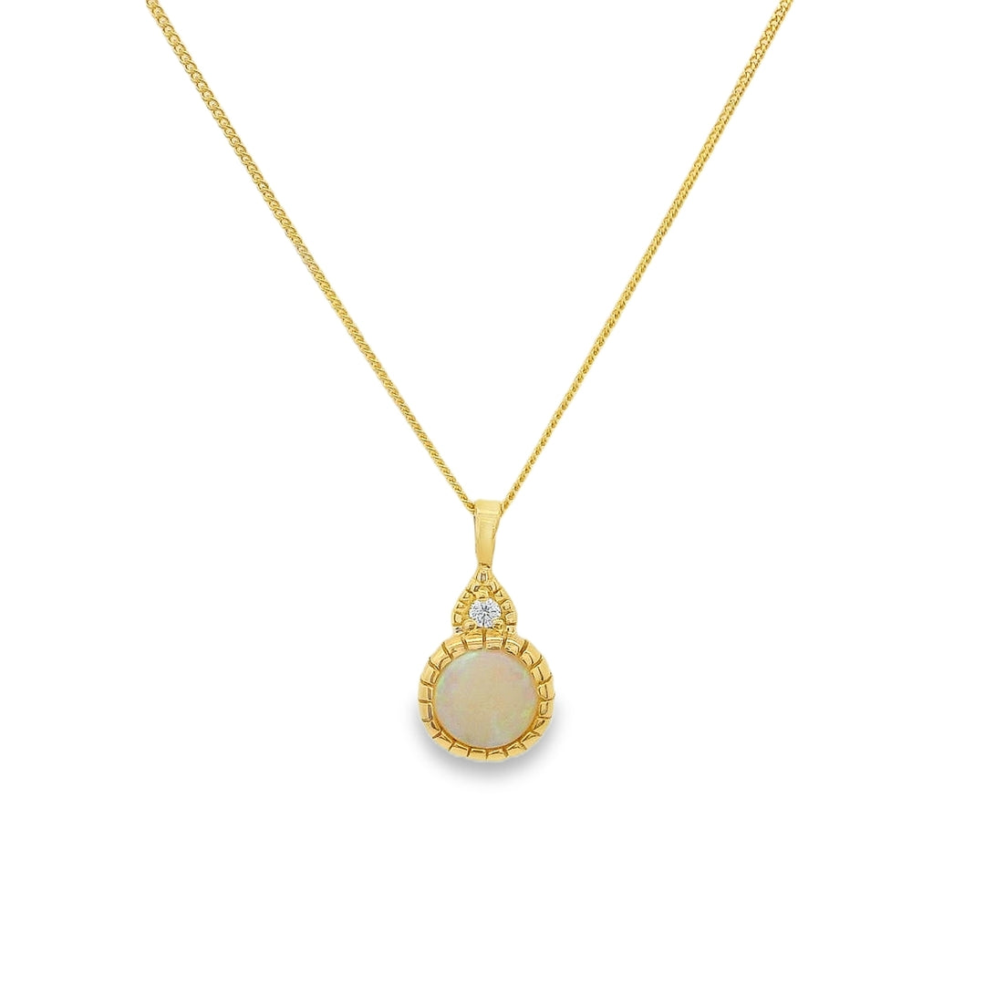 10K Yellow Gold 6mm Opal And 0.023 CTW Canadian Diamond Necklace