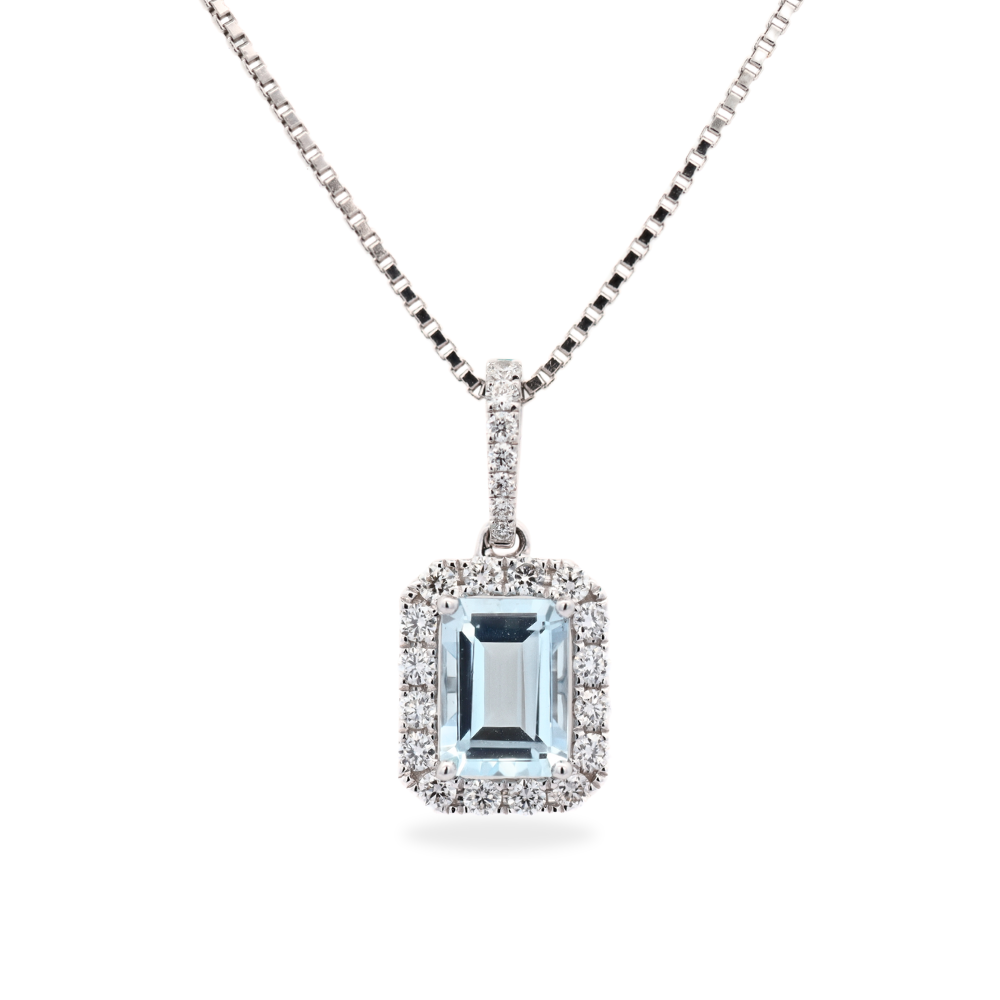 18K White Gold 0.89 CTW Emerald Cut Aquamarines And 0.28 CTW Diamond Set Halo Pendant