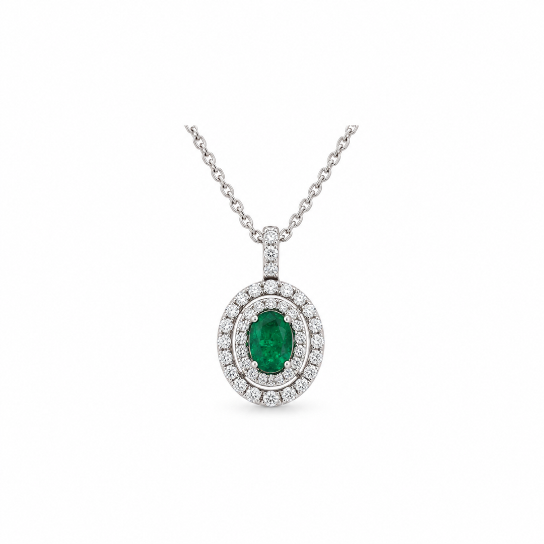 14K White Gold 0.67 CTW Oval Emerald And 0.57 CTW Diamond Halo Pendant