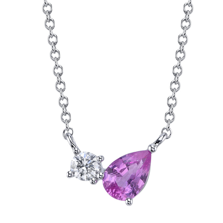 14K White Gold Natural 0.45 CTW Pear Pink Sapphire And 0.11 CTW Diamond Necklace