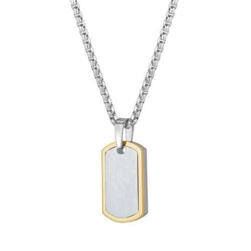 Stainless Steel And Yellow Gold Plated Brushed And Polished Curved Rectangular Dog Tag Pendant, Complete With Round Box Link 22" Chain