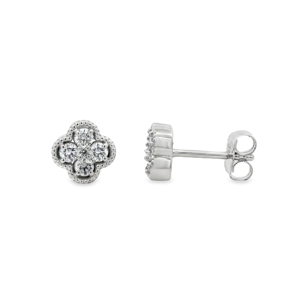 14K White Gold 0.32 CTW Diamond Set Clover Shaped Stud Earrings