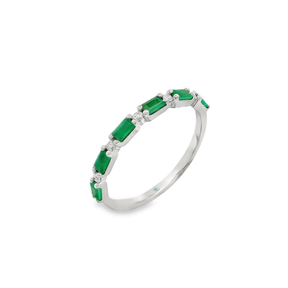 14K White Gold Emerald And 0.08 CTW Diamond Ring