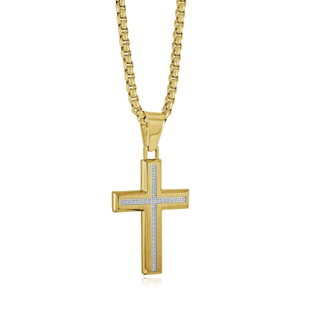 Italgem Brushed Gold Plated Stainless Steel Cross Pendant With White Cubic Zirconias And 22" Chain