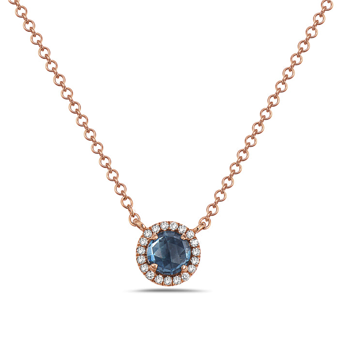 14K Rose Gold Natural 0.38 CT Round Blue Topaz And 0.05 TDW Diamond Necklace