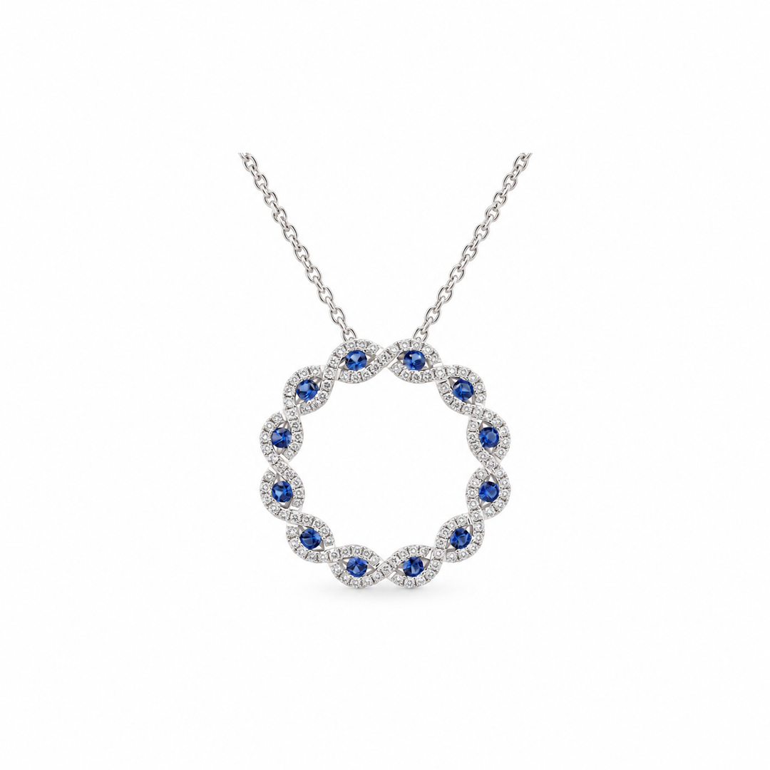 18K White Gold 0.42 CTW Round Sapphire And 0.46 CTW Diamond Circle Necklace
