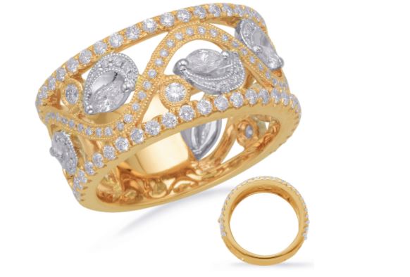 14K Yellow And White Gold Open Scroll Design Diamond Set Ring
