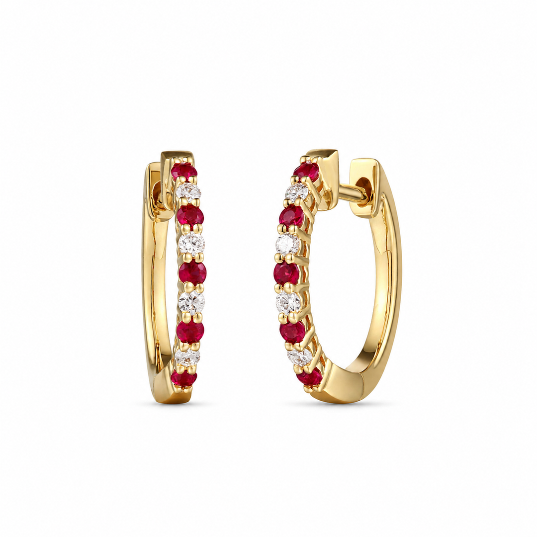 18K Yellow Gold 0.18 CTW Round Ruby And 0.11 CTW Diamond Huggie Earrings