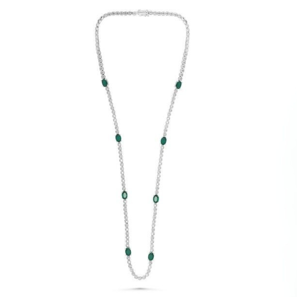 14K White Gold 3.20 CTW Oval Emerald And 2.00 CTW Diamond 17" Necklace