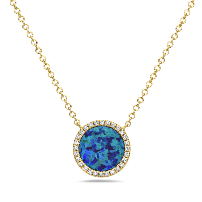 14K Yellow Gold 0.67 CT Created Round Opal And 0.09 TDW Diamond Necklace