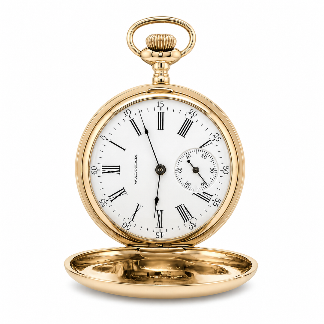 Estate - 14 Karat Yellow Gold Waltham Pocket Watch With Hand Engraved Detail And White Dial