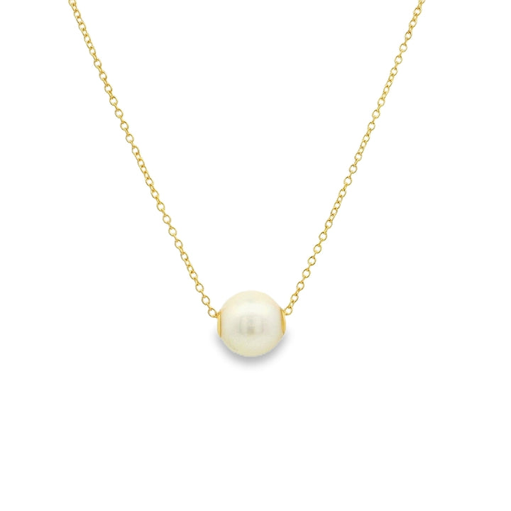 14K Yellow Gold 8-8.5mm White Akoya Cultured Pearl Slider 18" Necklace