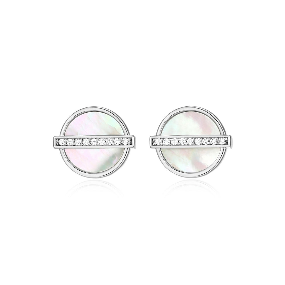 ELLE Rhodium Plated Sterling Silver Stud Earrings With Mother Of Pearl And Cubic Zirconias