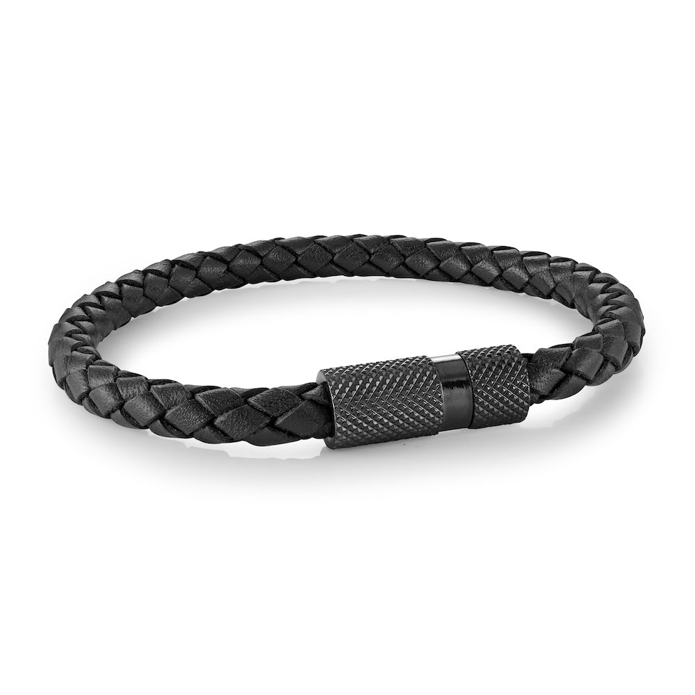 Italgem Stainless Steel Black Plated Black Braided Leather Bracelet