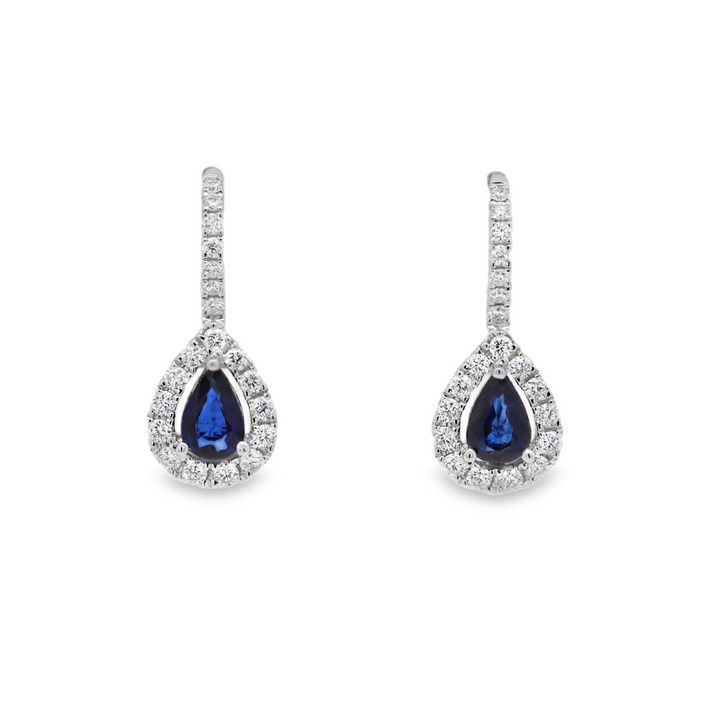 18K White Gold 0.76 CTW Pear Shaped Sapphires And 0.48 CTW Diamond Drop Earrings