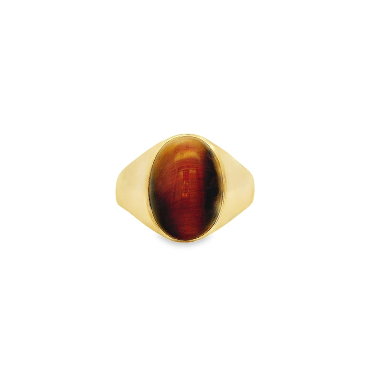 Estate - 10K Yellow Gold Oval Tiger Eye Ring, Size 9