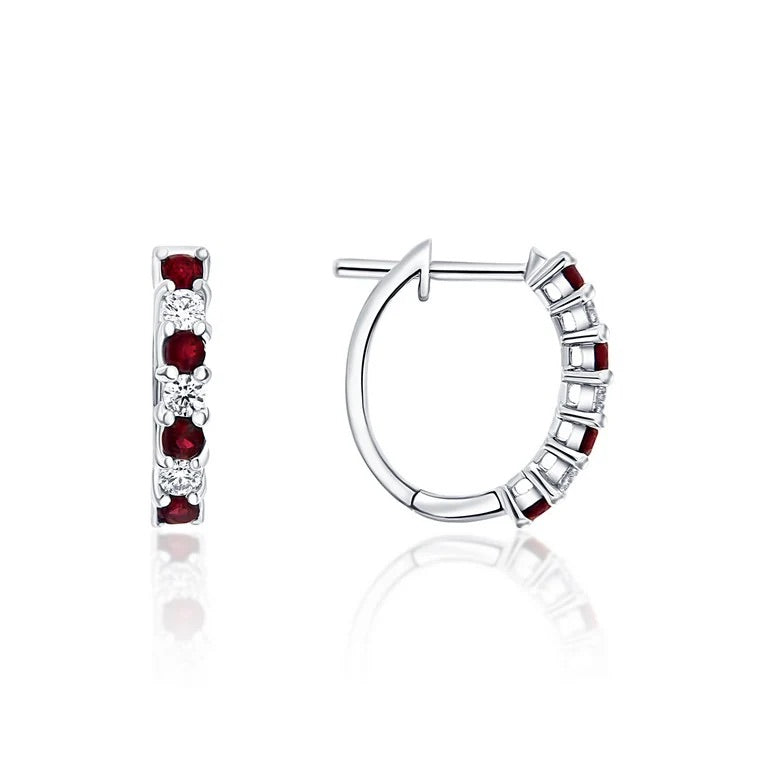 14K White Gold 0.45 CTW Round Ruby And 0.26 CTW Diamond Hoop Earrings