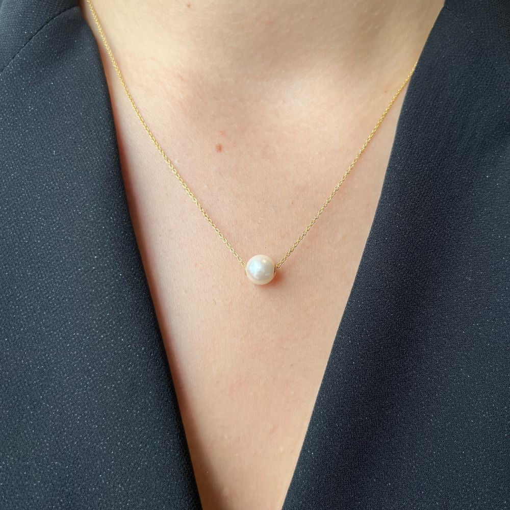 14K Yellow Gold 8-8.5mm White Akoya Cultured Pearl Slider 18" Necklace