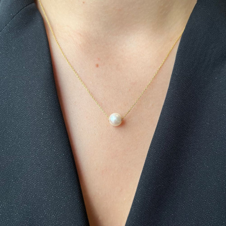 14K Yellow Gold 8-8.5mm White Akoya Cultured Pearl Slider 18" Necklace