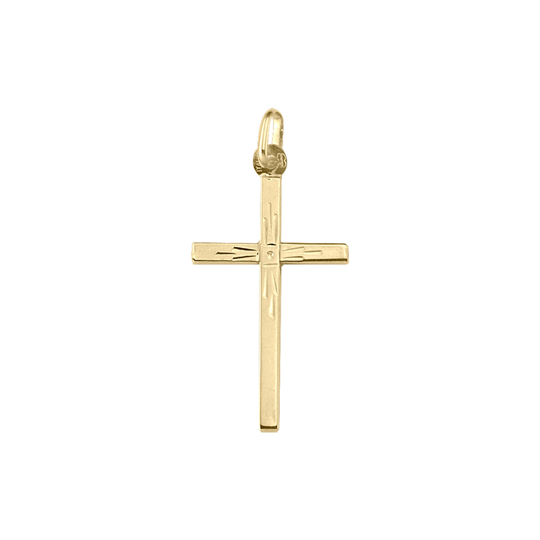 10K Yellow Gold Square Cross Pendant With Engraved Pattern