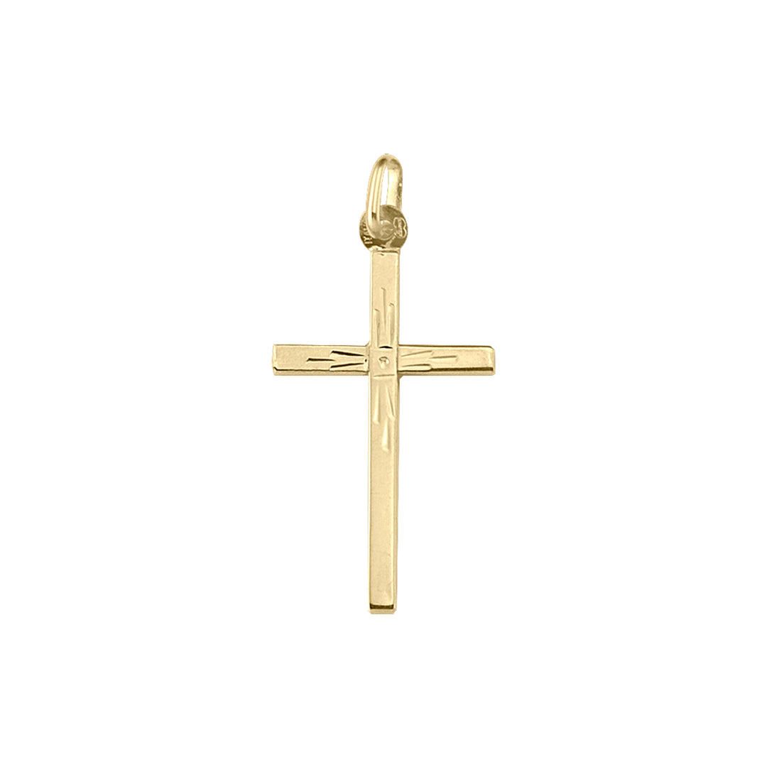 10K Yellow Gold Square Cross Pendant With Engraved Pattern