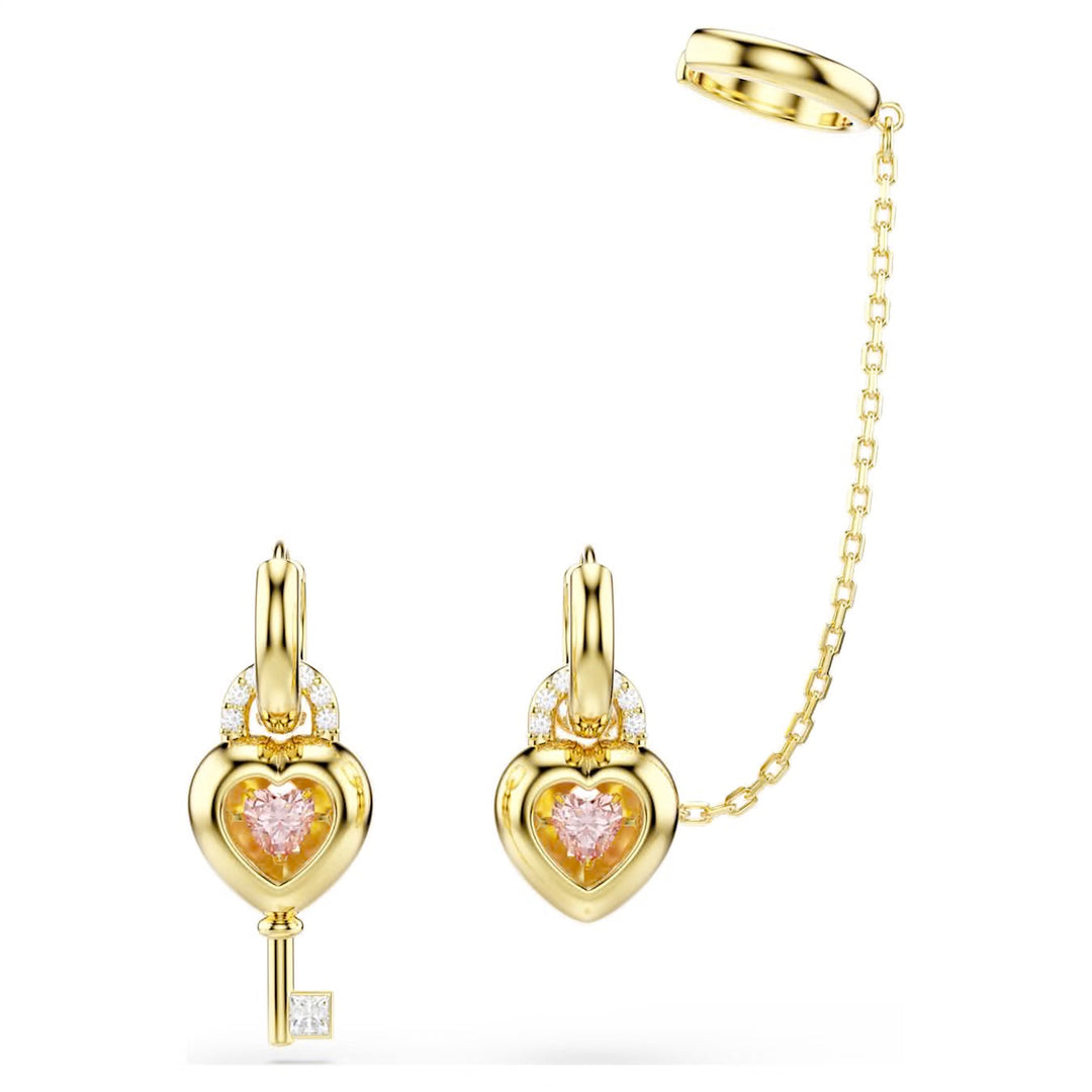 Swarovski Idyllia Gold-Tone Plated Drop Heart Lock Earrings With Pink Cubic Zirconia 5737294