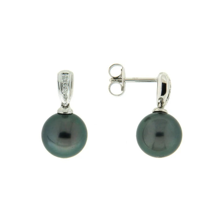 18 Karat White Gold 8.5-9mm Grey Tahitian Pearl Drop Earrings With 0.04 CTW RBC Diamonds