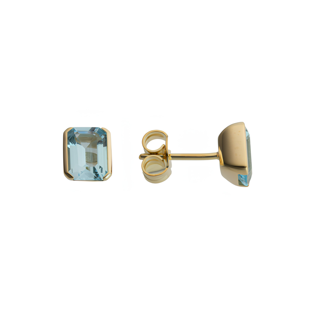 14K Yellow Gold 5x7mm Octagonal Blue Topaz Stud Earrings