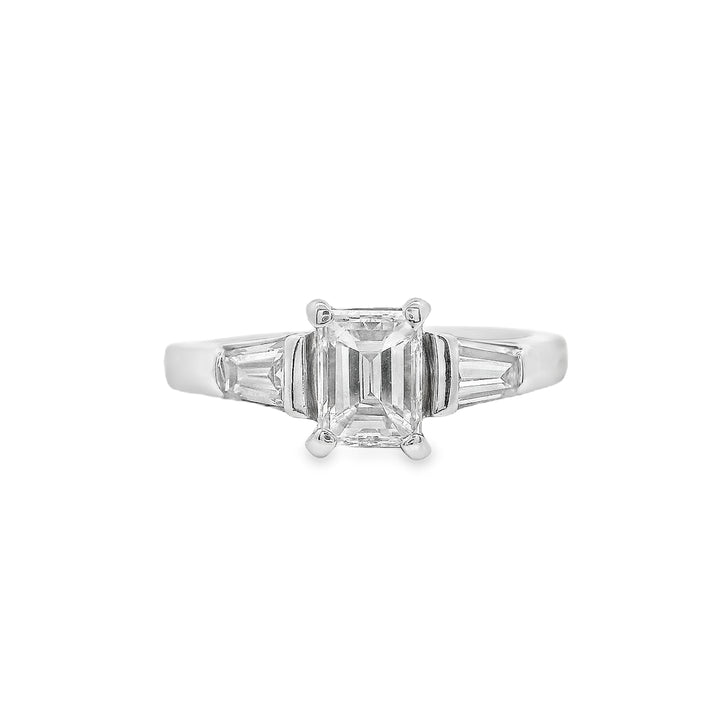 Estate - 14K White Gold Emerald Cut Diamond And Baguette Cut Diamond Ring, Size 5.5