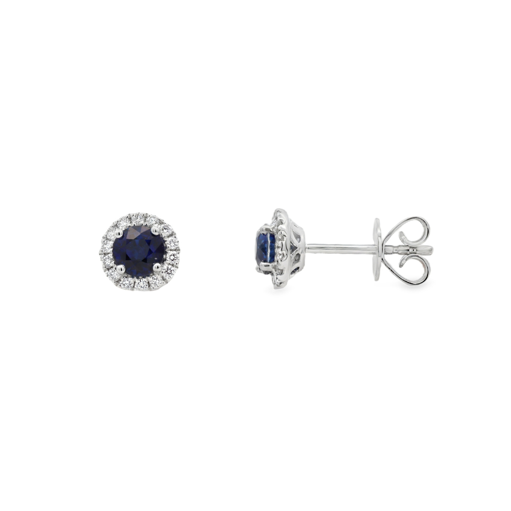 18K White Gold 0.97 CTW Round Sapphire And 0.19 CTW Diamond Stud Earrings