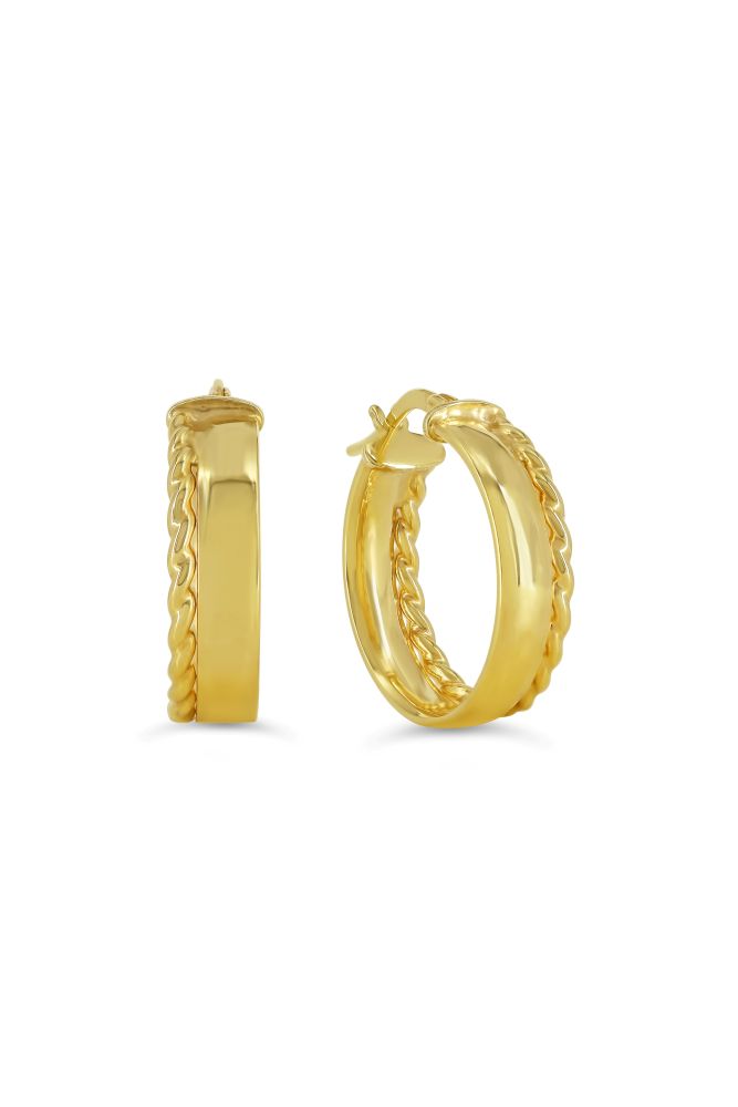sempreORO Sterling Silver 14 Karat Gold Bonded Rope-Edge Hoop Earrings