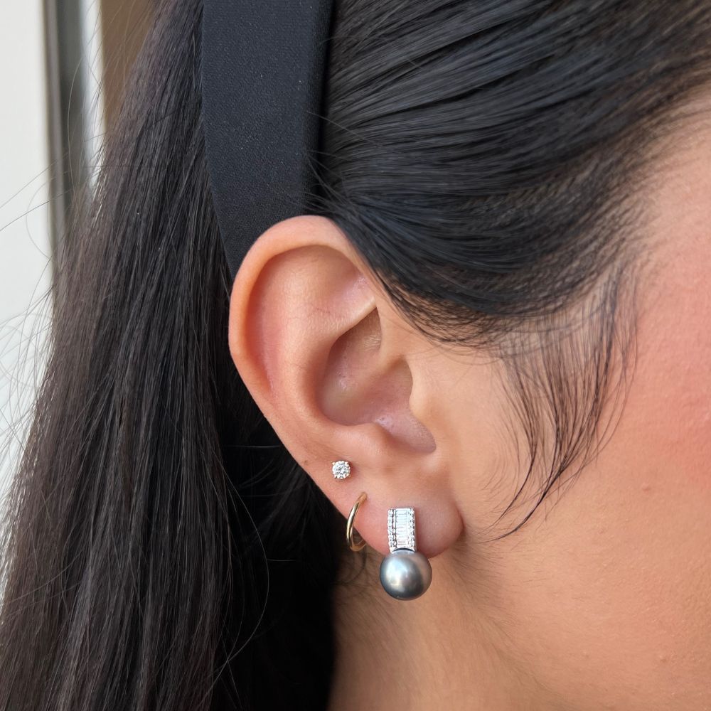 Women's 14K White Gold 9mm Grey Tahitian Pearl Stud Earrings With 0.28 CTW Diamonds
