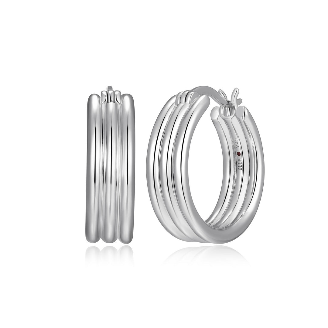 Elle Rhodium Plated Sterling Silver Triple Row Medium Hoop Earrings