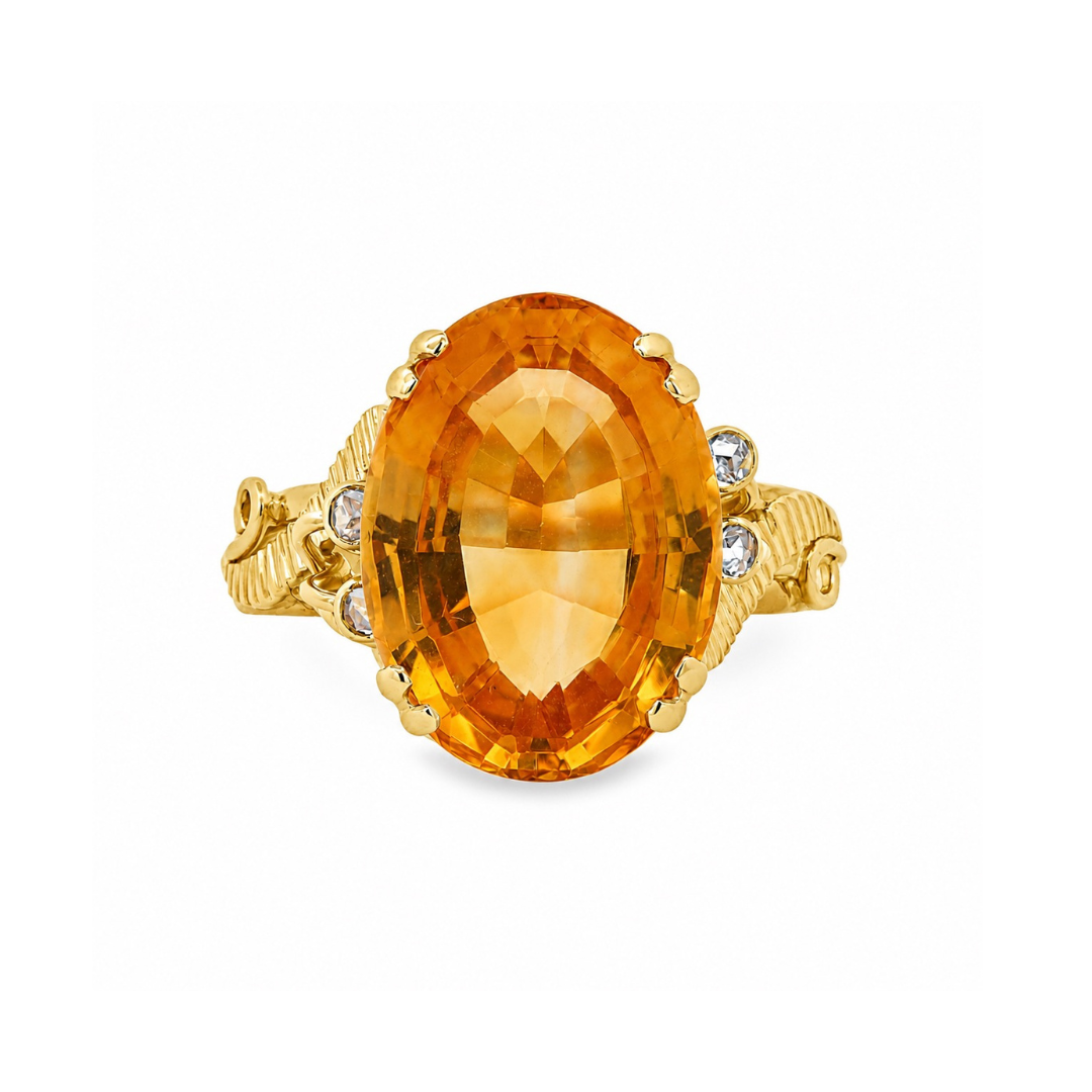 14 Karat Yellow Gold Oval Citrine Dress Ring With Rose Cut Diamonds