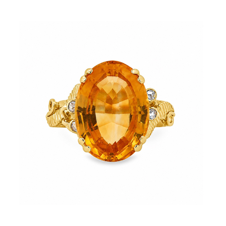 14 Karat Yellow Gold Oval Citrine Dress Ring With Rose Cut Diamonds