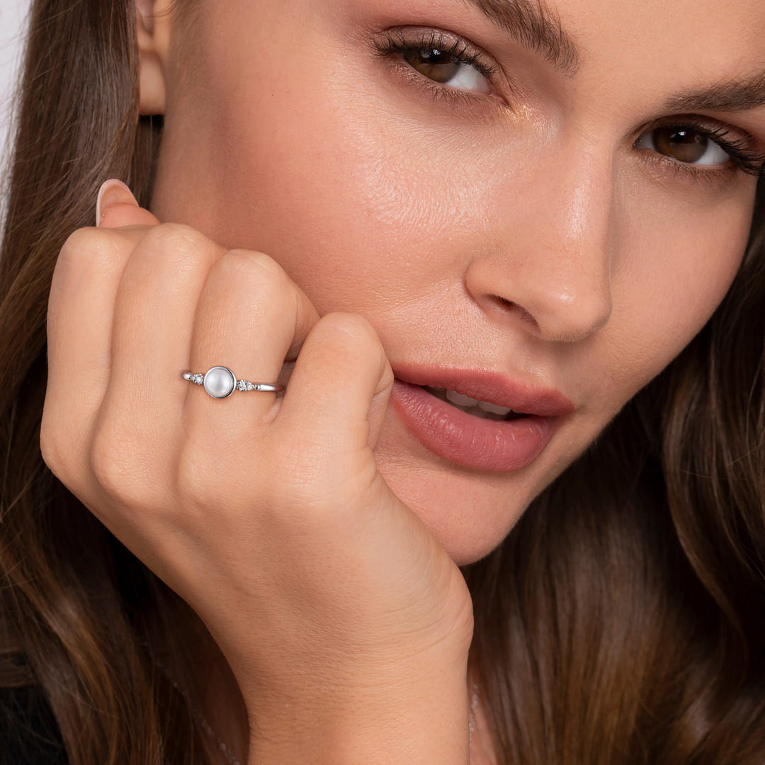 Sterling Silver Gabriel & Co. Bezel Set Ring With Pearl And Diamonds