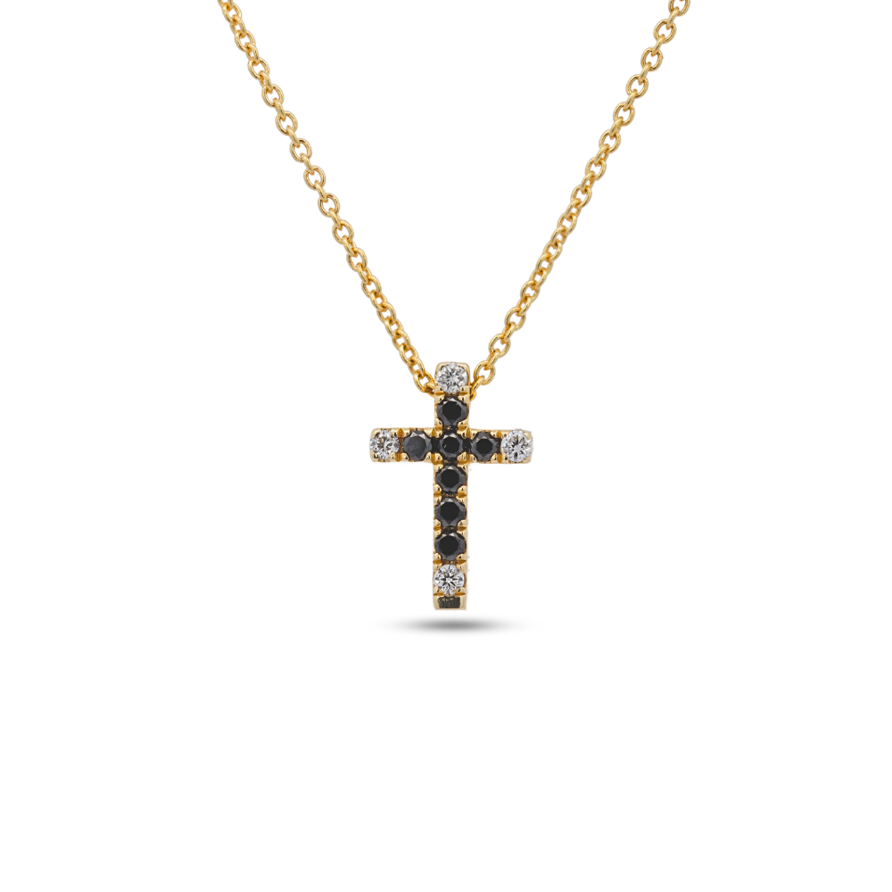 14K Yellow Gold Frederic Sage Cross Pendant With 0.12 CTW Of Black And White Diamonds With 18" Chain