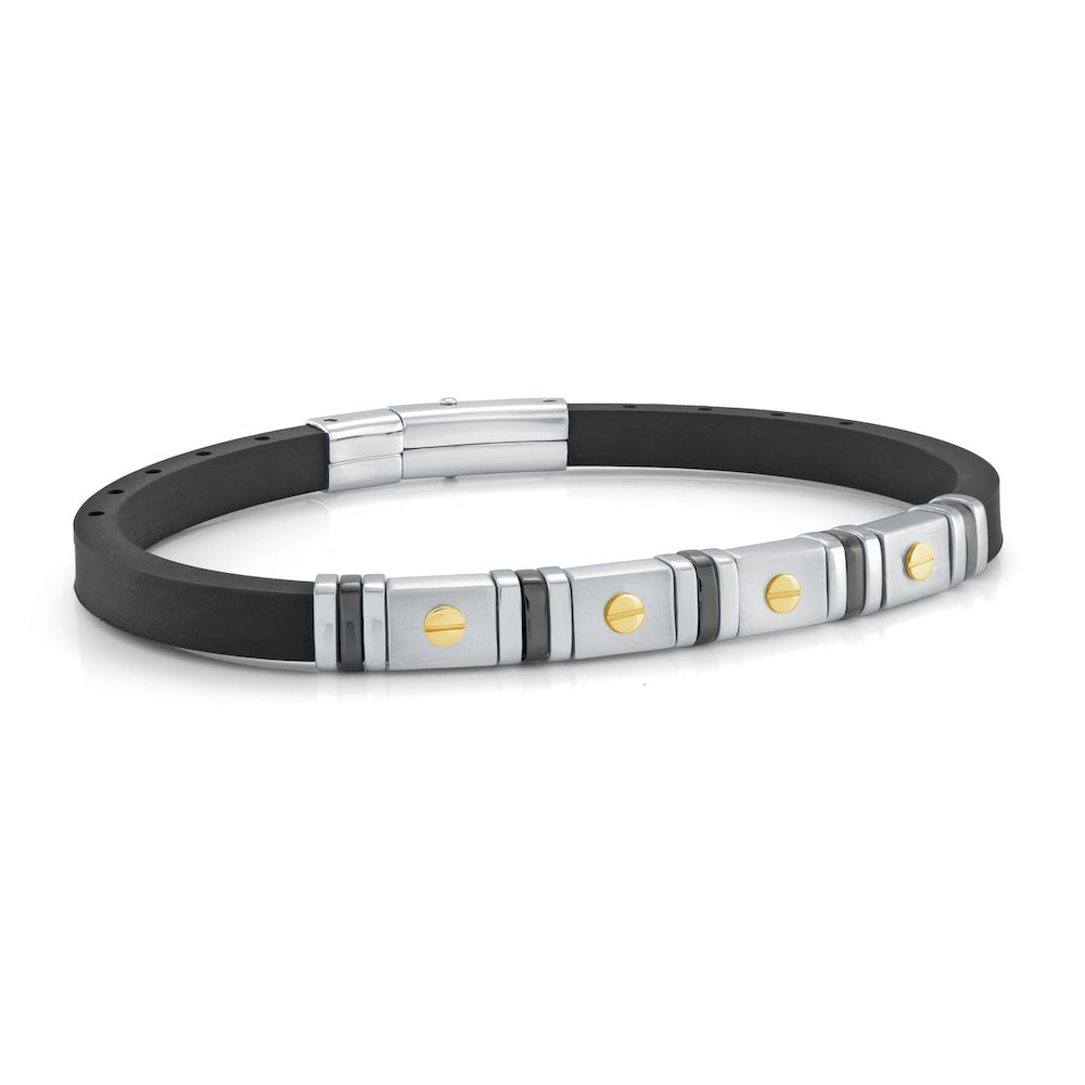 Italgem Stainless Steel Black Silicone Bracelet With Gold Plated Accents