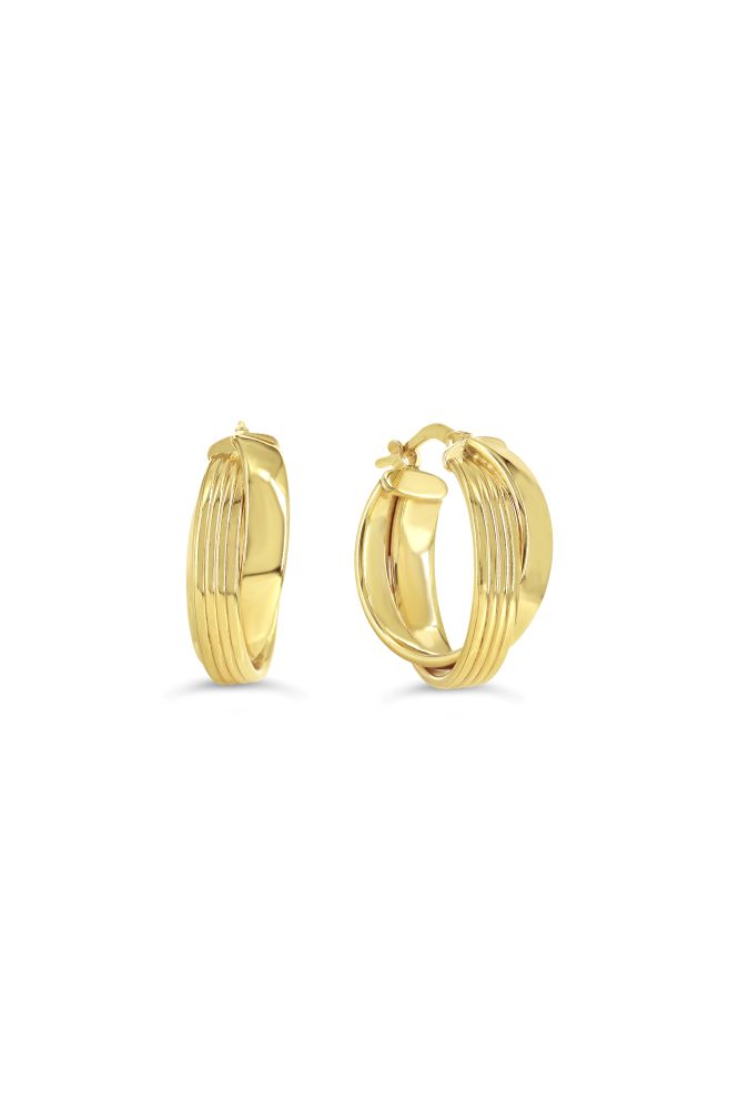 sempreORO Sterling Silver 14 Karat Gold Bonded 15mm Ribbed Crossover Hoop Earrings