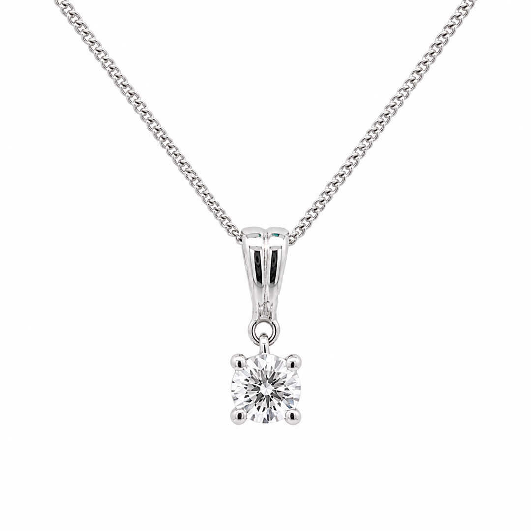 14K White Gold Solitaire 0.20 CT RBC LAB Diamond Necklace With 18" Chain