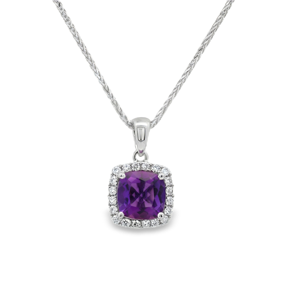 18K White Gold 1.28 CTW Cushion Amethyst And 0.17 CTW Diamond Halo Pendant