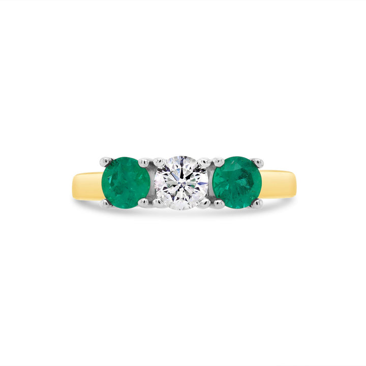 14K Yellow And White Gold 3-Stone Emerald And 0.41 CT Diamond Ring