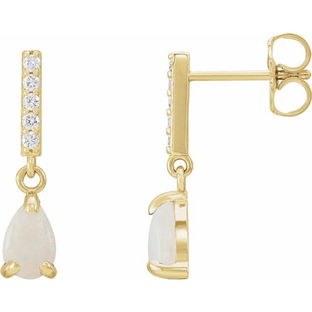 14K Yellow Gold 6x4mm Each Pear Opal And 0.08 TDW Diamond Drop Earrings