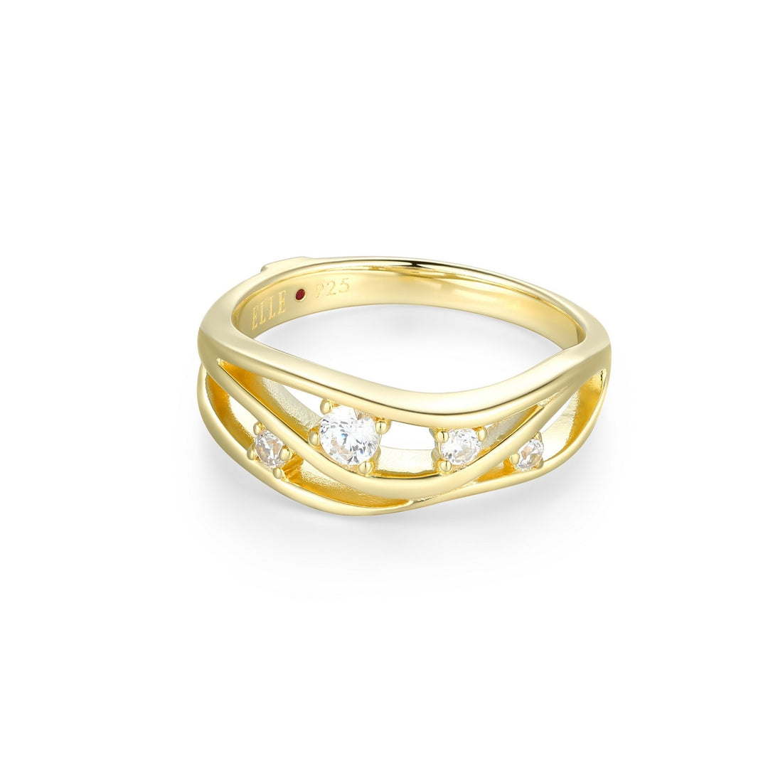 ELLE Sterling Silver Yellow Gold Plated Triple Layered Curved Ring With Cubic Zirconia's