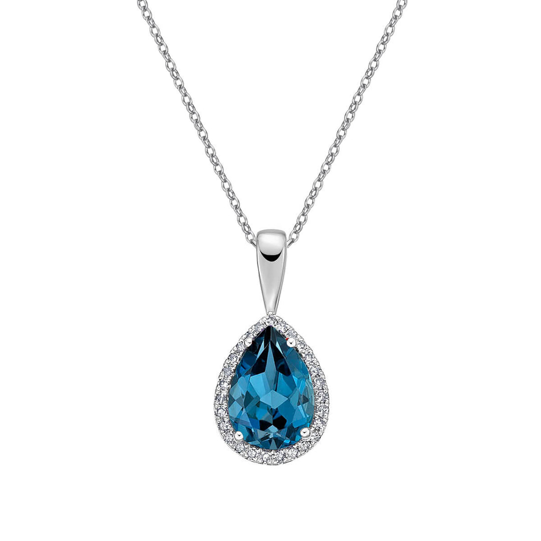10K White Gold 10x7mm London Blue Topaz And 0.135 CTW Diamond Necklace